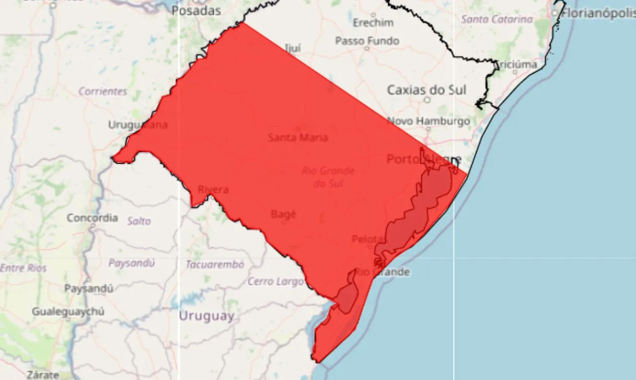 o mapa mostra &agrave;s &aacute;reas em alerta vermelho para tempestade